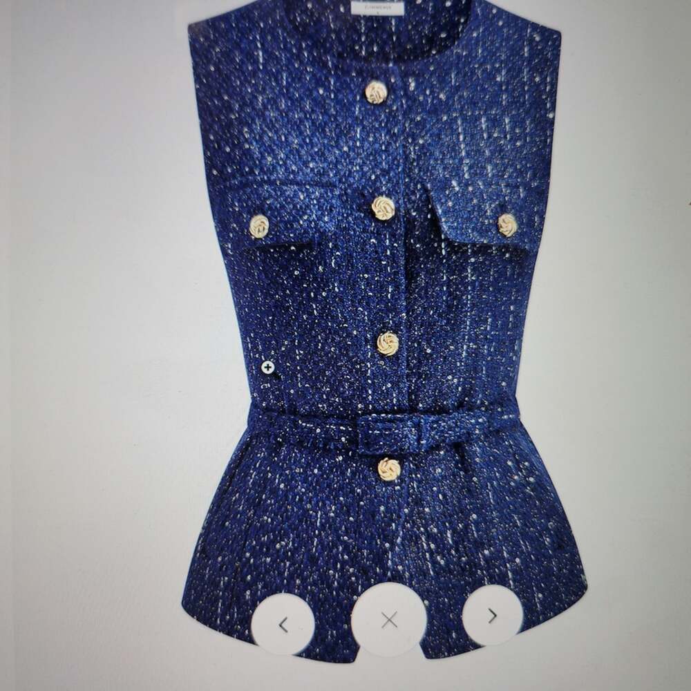 NWT Commense Blue Tweed Sleeveless Top with Gold Buttons Sz M